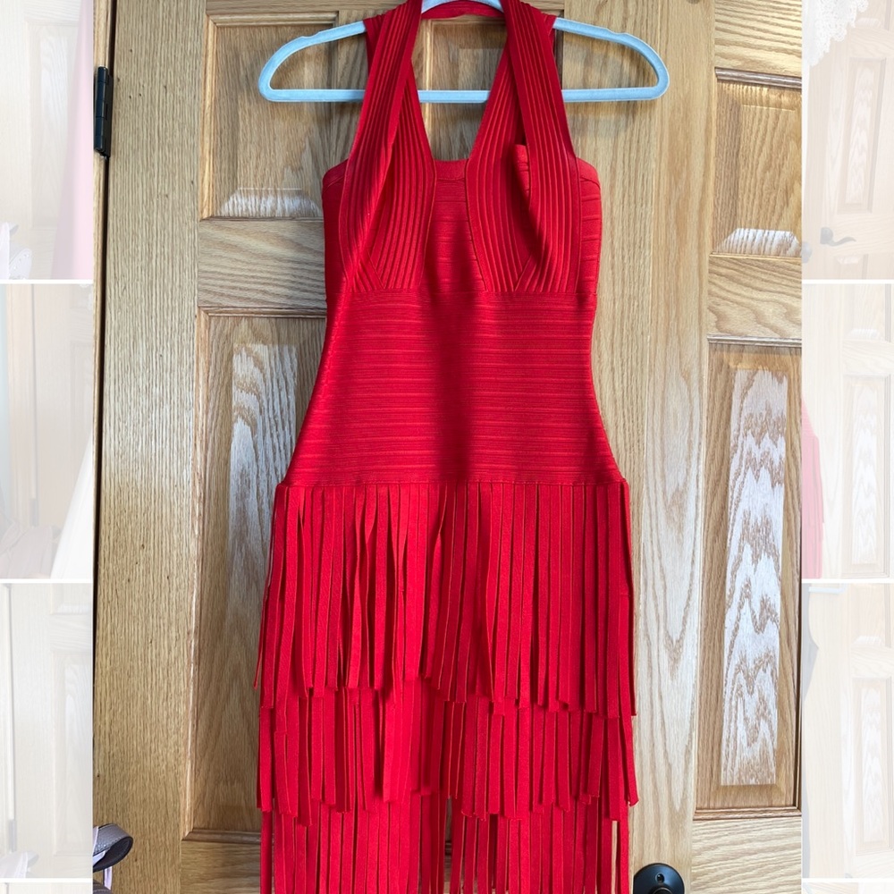 Short red fringe dress.